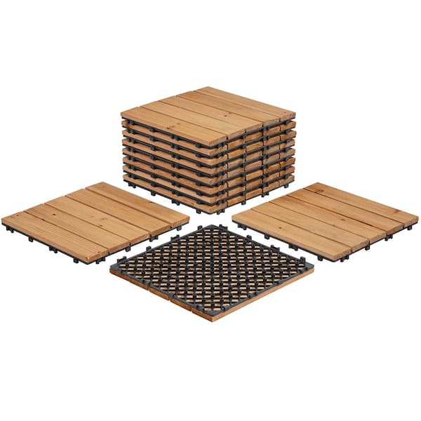 Yaheetech Fir Wood Patio Pavers Interlocking Wood Tiles Wooden Flooring Tiles Indoor/Outdoor for Patio Garden Pack of 11