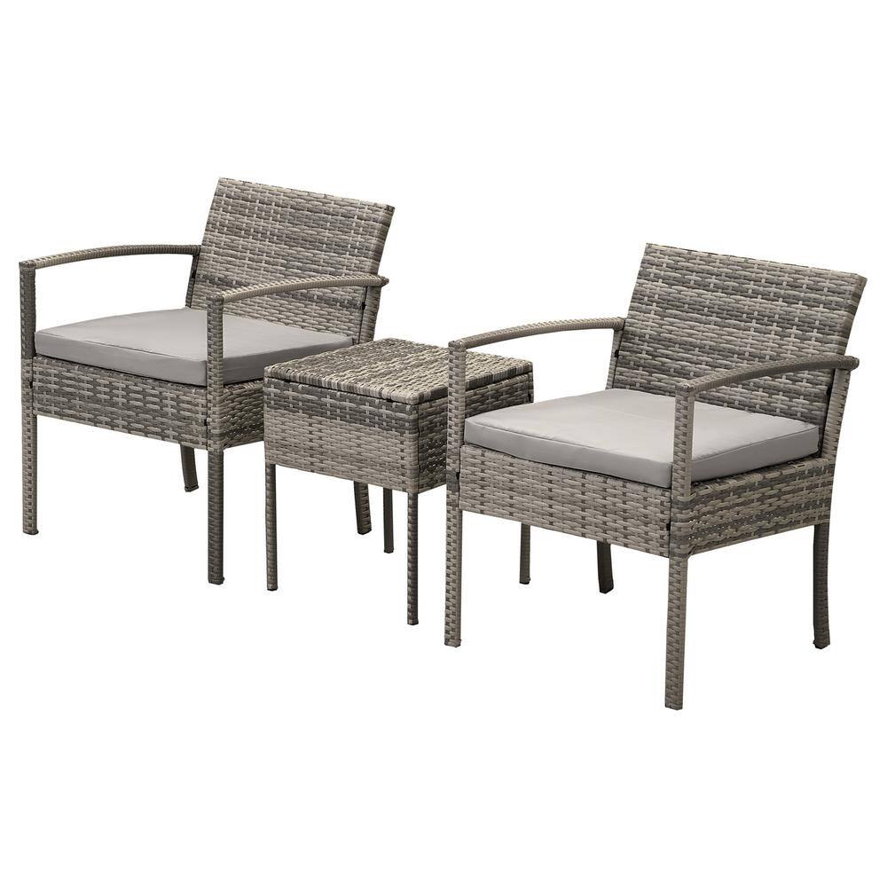 3-Piece PE Rattan Wicker Outdoor Patio Conversation Set with Gray Cushions