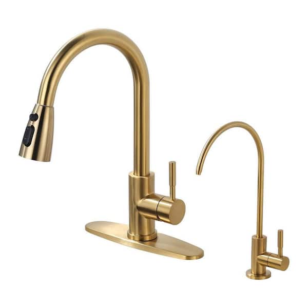 Single Handle Pull Down Sprayer Kitchen Faucet with Water Filter Faucet and 3-Mode Pull Down Sprayer in Brushed Gold