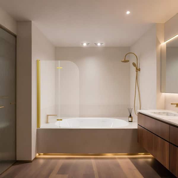 Kuomih 34 in. W x 58 in. H Bi-Fold Tub Door Frameless Tub Shower Door in Brushed Gold with 1/4" Tempered Clear Glass Tub Door