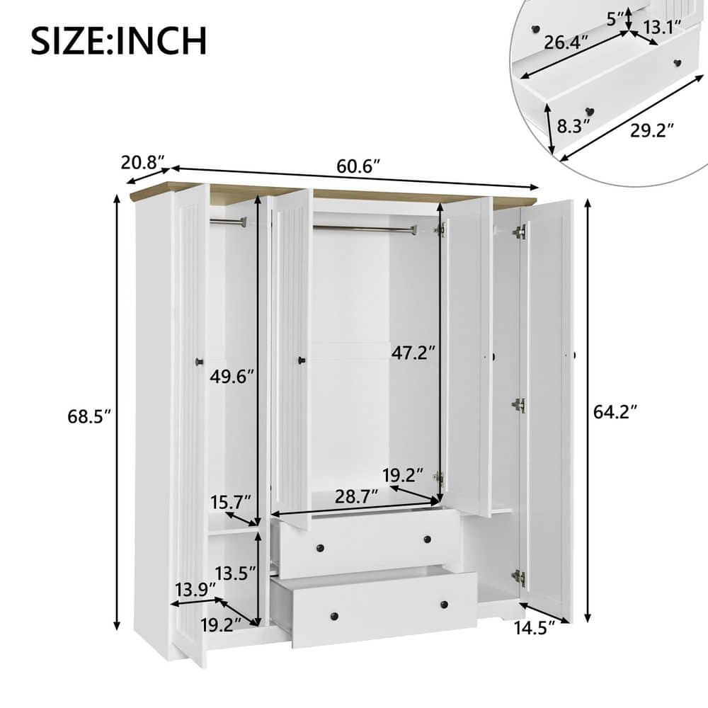 White Solid Wood 60.6 in. Wardrobe with 4 Doors and 2 Drawers - thumbnail 3