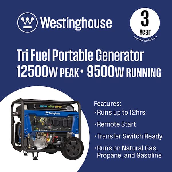 12,500/9,500-Watt Remote Electric Start Tri-Fuel Gas, Propane, Natural Gas Powered Portable Generator with 50A Outlet