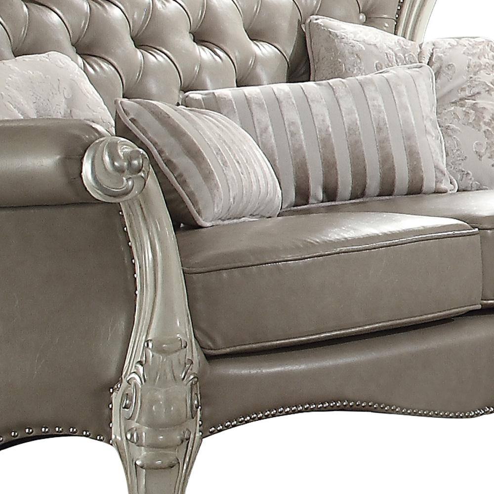 Vintage Gray Leather Tufted Loveseat with Bone White Wood