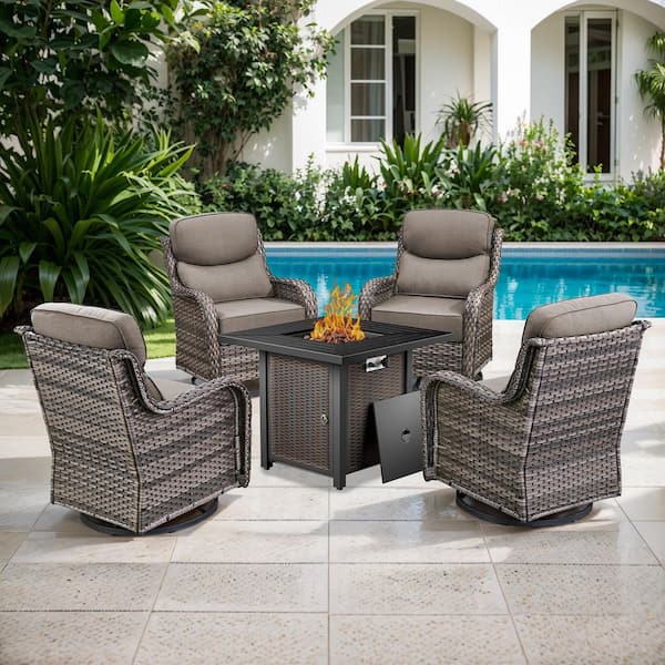 5-Piece Wicker Outdoor Patio Fire Pit Set with CushionGuard Gray Cushions