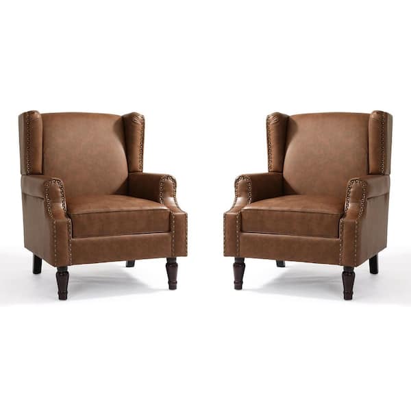 Brown PU Leather Upholstered High Back Accent Arm Chair With Nailhead Trim (Set of 2)