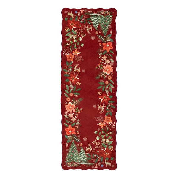 Washable Christmas Vintage Floral Scalloped Non Slip 2 ft. x 6 ft. Beige Entryway Kitchen Indoor Runner Rug