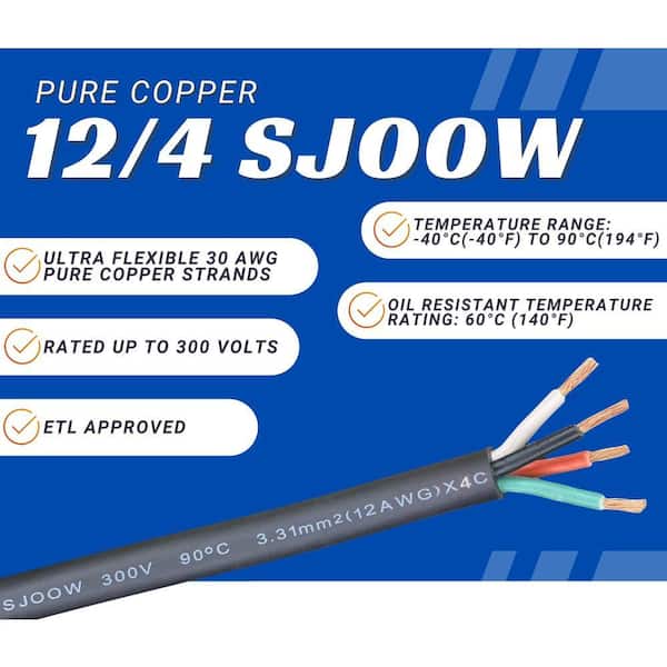 WindyNation 200 ft. 12/4 12-Gauge 4 Conductor 300-Volt Black SJOOW