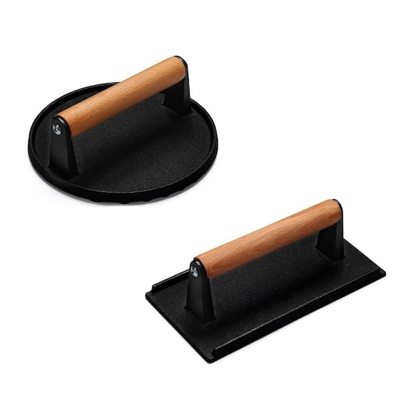 7 in. Round & 8.2 in. x 4.3 in. Rectangle Cast Iron Grill Press Wood Handle Nonstick for Griddle Sandwich Steak