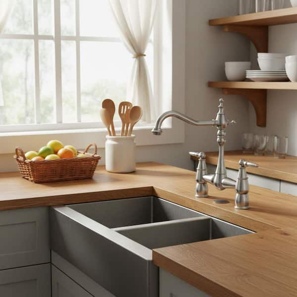 Deck Mounted Double Handle Bridge Kitchen Faucet, Bridge Basin Faucet with Hole Cover in Brushed Nickel