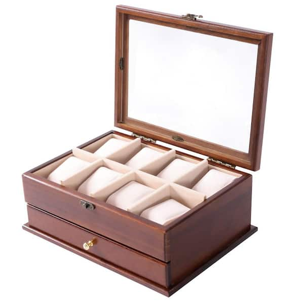 YIYIBYUS 8 Slot Vintage Brown Solid Wood Watch Box Glass Top Jewelry Organizer Box Watch Case with Pillows 65LMO3G200 1 The Home Depot