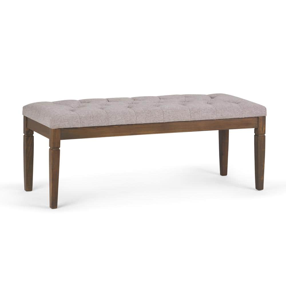 Cloud Grey Linen Tufted Ottoman Bench with Wood Legs