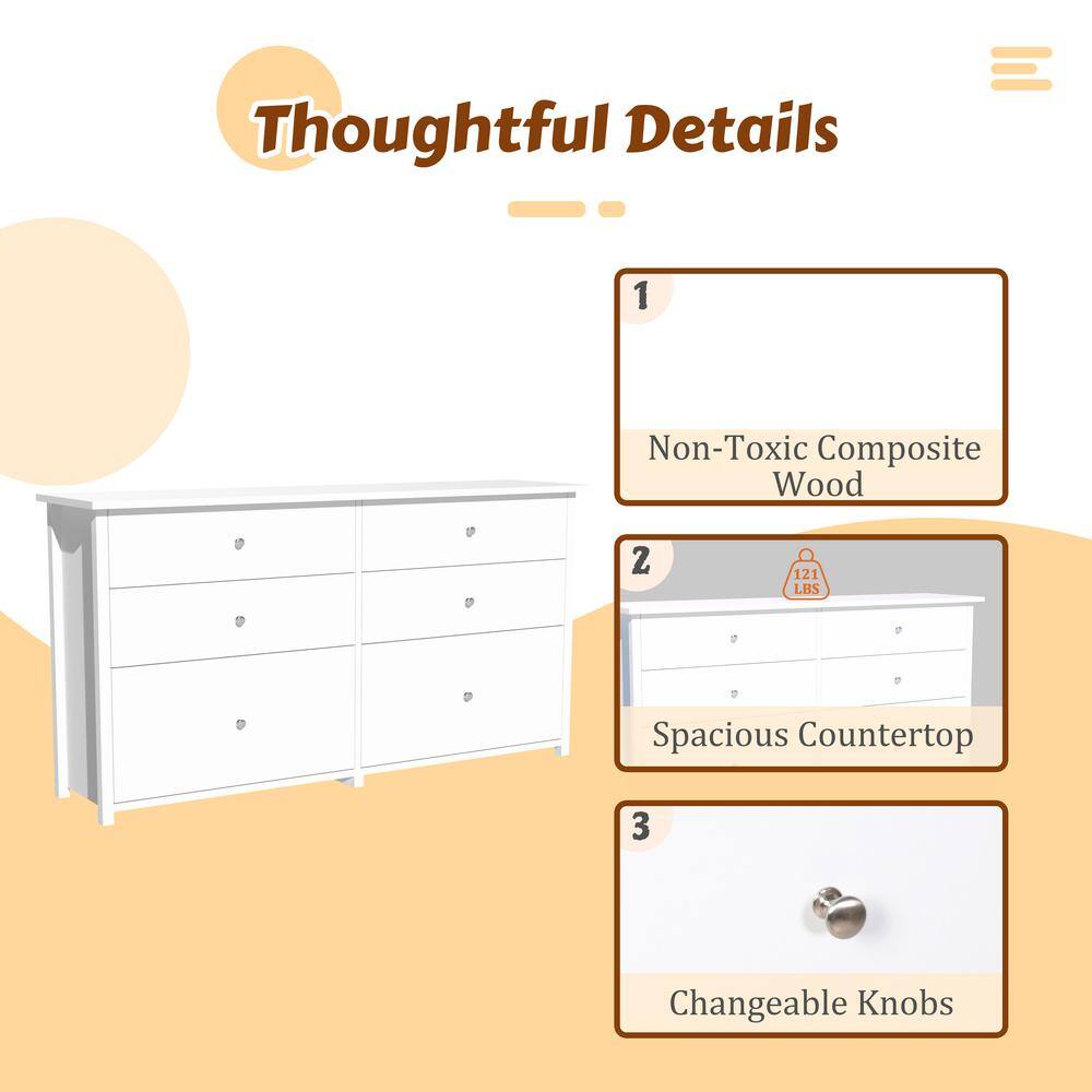 White 6-Drawer 56" Particle Board Dresser with Metal Knobs