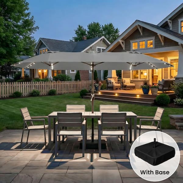 15 ft. Large Double-Sided Patio Umbrella with 36-Solar LED and Sandbag Base Fillable up to 160LB in Gray