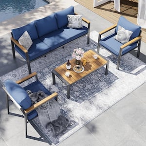 4-Piece Aluminum Patio Conversation Sectional Seating Set with Navy Cushions