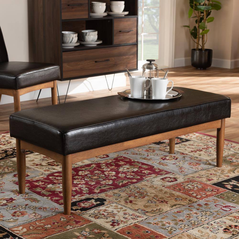 Arvid Mid-Century Modern Dark Brown Faux Leather Upholstered Dining Bench