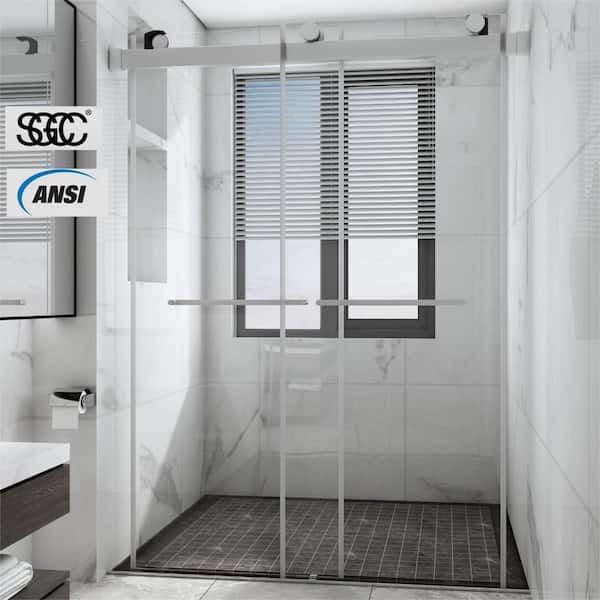 waterpar 58 in. to 60 in. W x 76 in. H Sliding Frameless Shower Door in Brushed Nickel with Clear Glass