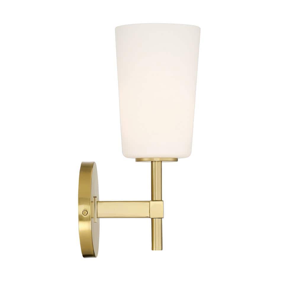 Aged Brass Vanity Sconce with White Glass Shade