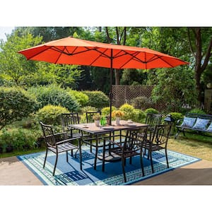Black 8-Piece Metal Patio Outdoor Dining Set with Wood-Look Table, Fashion Stackable Chairs and Red Umbrella