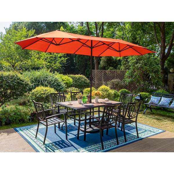 PHI VILLA Black 8-Piece Metal Patio Outdoor Dining Set with Wood-Look Table, Fashion Stackable Chairs and Red Umbrella