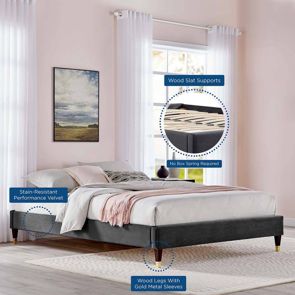 Glam Deco Charcoal Velvet Queen Platform Bed with Gold Accents