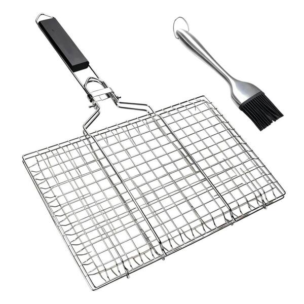 Stainless Steel Grilling Basket with Basting Brush for Grilling Fish, Vegetables, Shrimp and BBQ Foods (3-Pack)