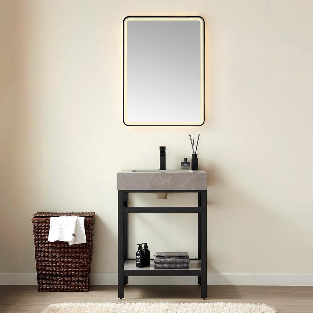 Funes 24 in. W x 22 in. D x 34 in. H Single Sink Bath Vanity in Matt Black with Grey Natural Stone Top and Mirror price history on PriceWatchPro