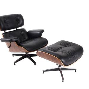 Retro Dark Brown Mid-Century Top Grain Leather Upholstered Lounge Chair with Ottoman