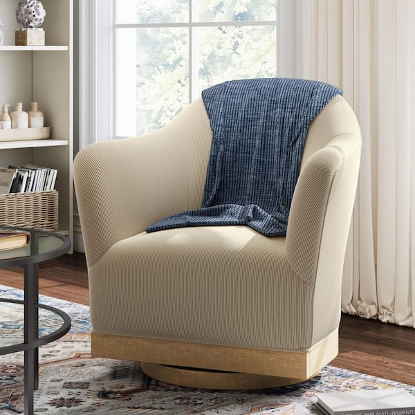 Corduroy Fabric Upholstered Swivel Accent Arm Chair in Tan with Wood Base for Living Room or Bedroom