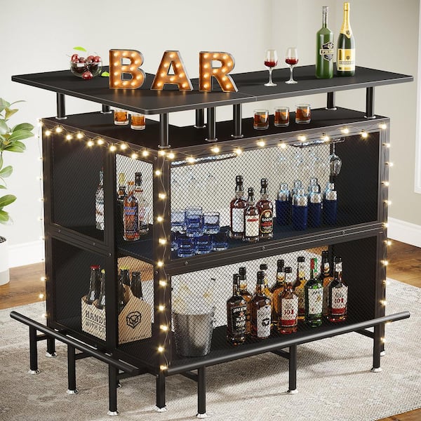 Kearsten L-Shaped Home Bar Unit, Liquor Bar Table with Stemware Racks and 2-Tier Shelves