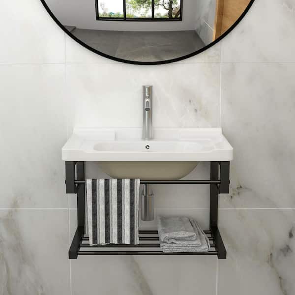 Timussi 8.75 in Wall-Mounted Rectangular Bathroom Ceramic Sink in White