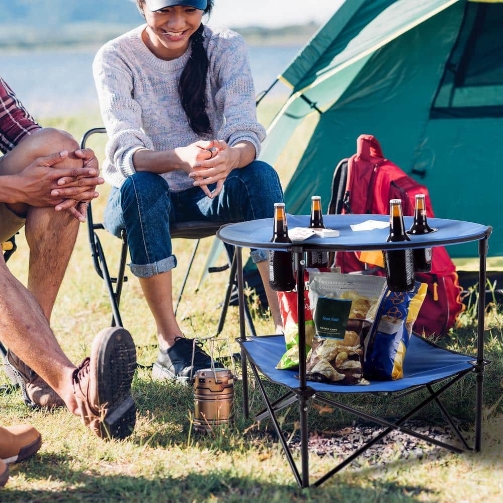 Blue 2-Tier Folding Camp Table with Cupholders and Carrying Bag