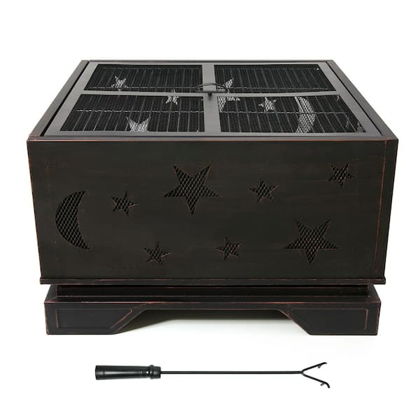 Unbranded 26 in. Square Fire Pit Table with BBQ Grill, Outdoor Wood Burning Fire Pit with Poker
