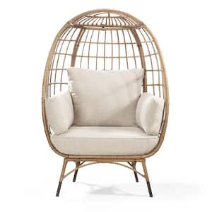 Outdoor Yellow Wicker Patio Swing Egg Chair with Beige Cushions