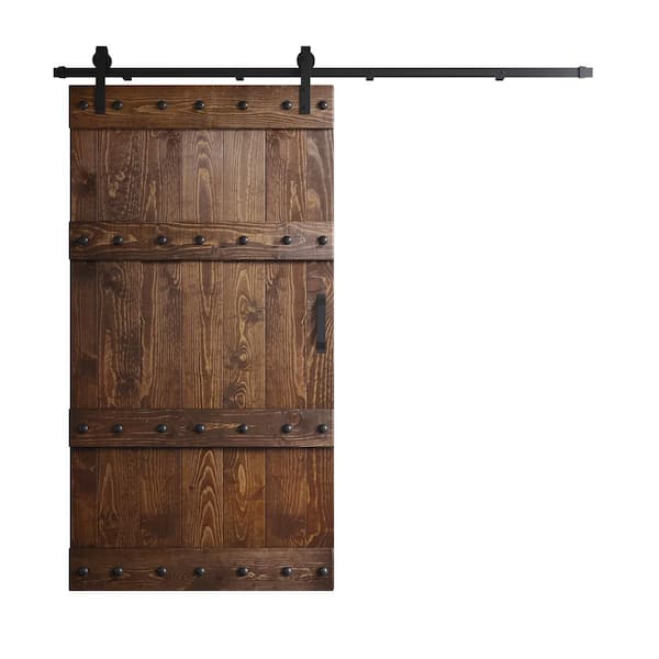 COAST SEQUOIA INC Castle Series 42 in. x 84 in. Dark Walnut DIY Knotty Pine Wood Sliding Barn Door with Hardware Kit