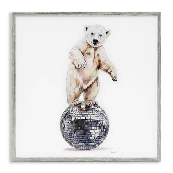 Stupell Industries Polar Bear on Disco Ball by Amanda Greenwood Gray Framed Animal Giclee Art Print 24 in. x 24 in.