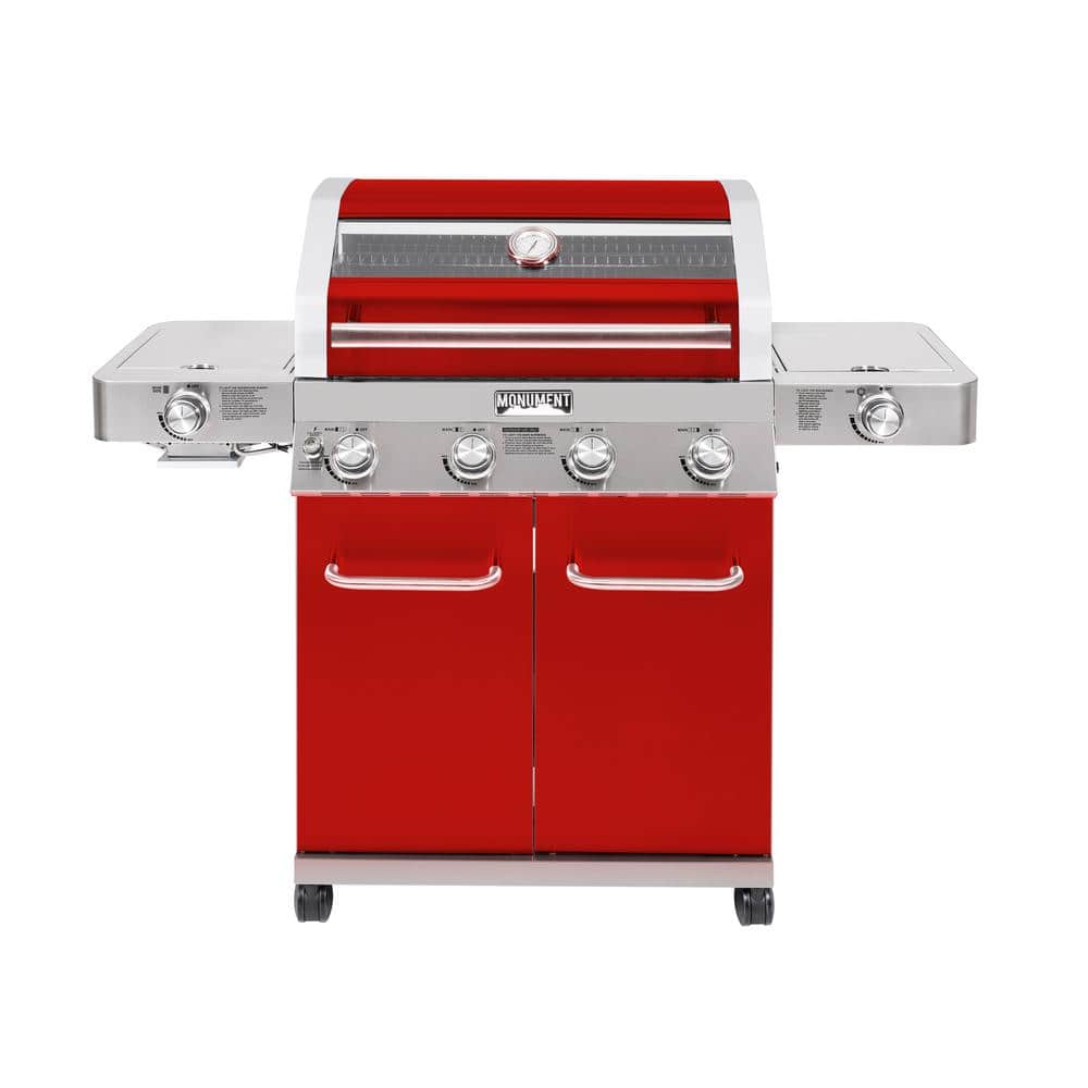 Red Stainless Steel 4-Burner Propane Gas Grill with Side Burner