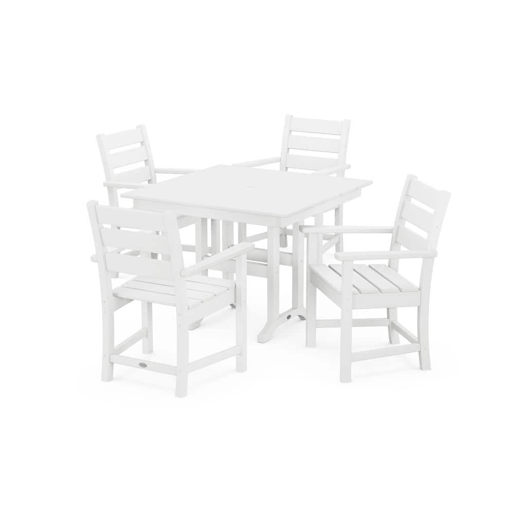 POLYWOOD Grant Park White 5-Piece Plastic Arm Chair Dining Outdoor Patio Set -  PWS578-1-WH
