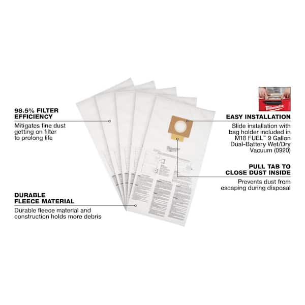 Fleece Dust Bags for 9 Gal. M18 FUEL Cordless Wet/Dry Shop Vacuums (5-Pack)