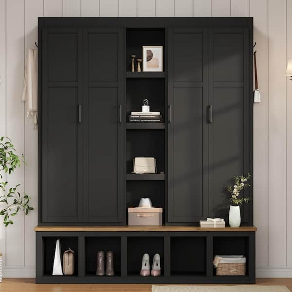 Black 62.9 in. Farmhouse 4-in-1 Hall Tree with 6 Hanging Hooks, Mudroom Wood Grain Bench