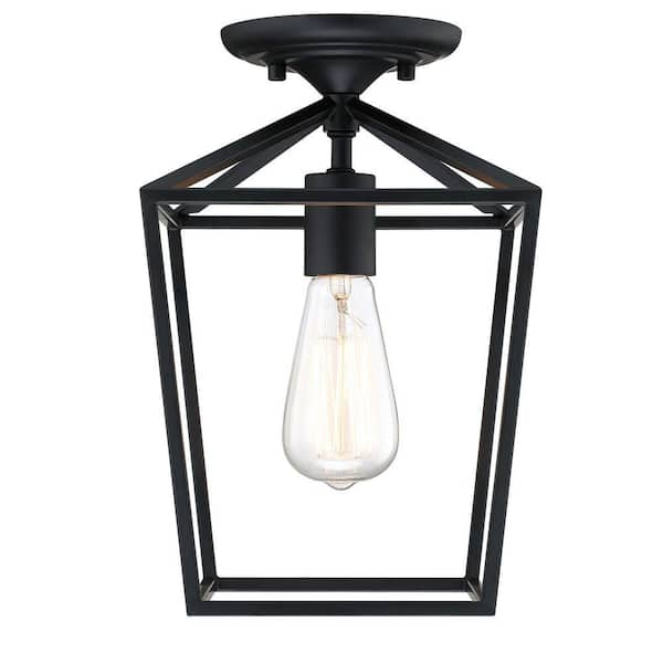 Avex 8 in. 1-Light Black Modern Vintage Semi-Flush Mount with Steel Cage Shade and No Bulbs Included