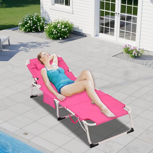 3-in-1 Heavy Duty Tanning Chair with Face Hole Adjustable 5-Position Folding Chaise Lounge Chairs, Pink