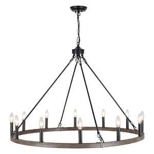 12-Light Black and Wood GRain Candle Design Circle Iron Wagon Wheel Chandelier for Dining Room with No Bulbs Included