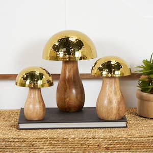 Gold Stainless Steel Handmade Hammered Mushroom Sculpture with Brown Mango Wood Bases (Set of 3)