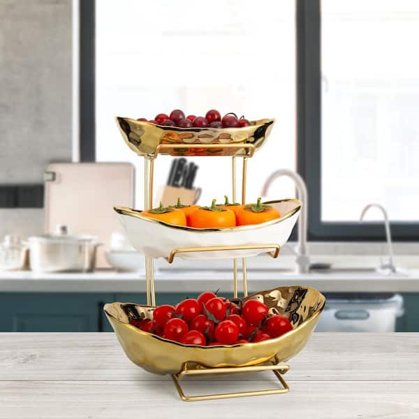 1 Piece Gold Ceramic 3 Tier Fruit Bowls for Kitchen with Metal Stand, Vegetable Bread Candy Snack Nuts Dessert Cake Tray