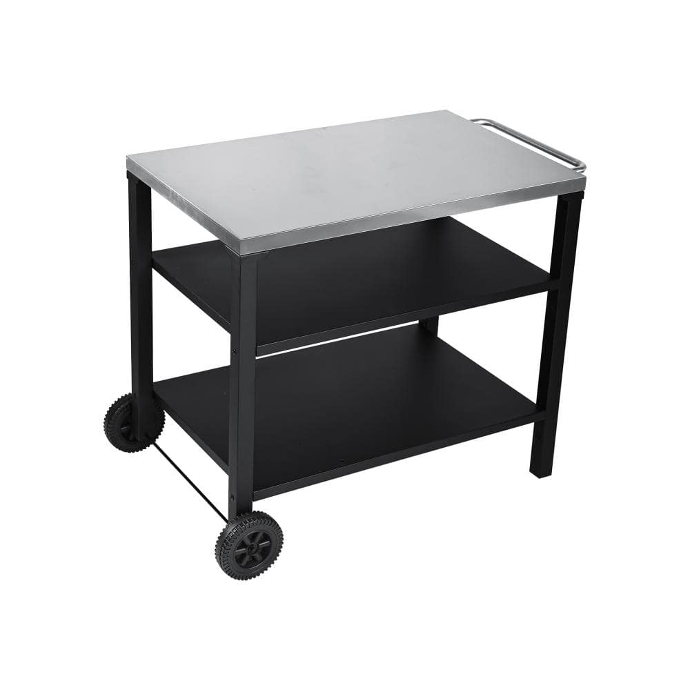 34.7 in 3-Tier Black Steel Outdoor Grill Cart with Stainless Steel Top for Patio