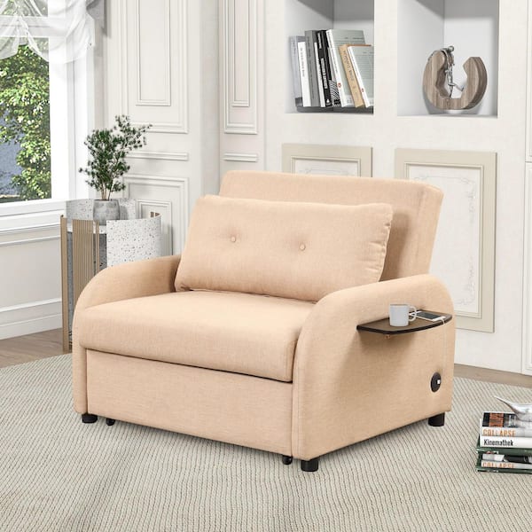 Nestfair 42.9 in. Beige Linen 2-Seater Size Pull Out Sofa Bed with 2 Wing Table and USB Charge