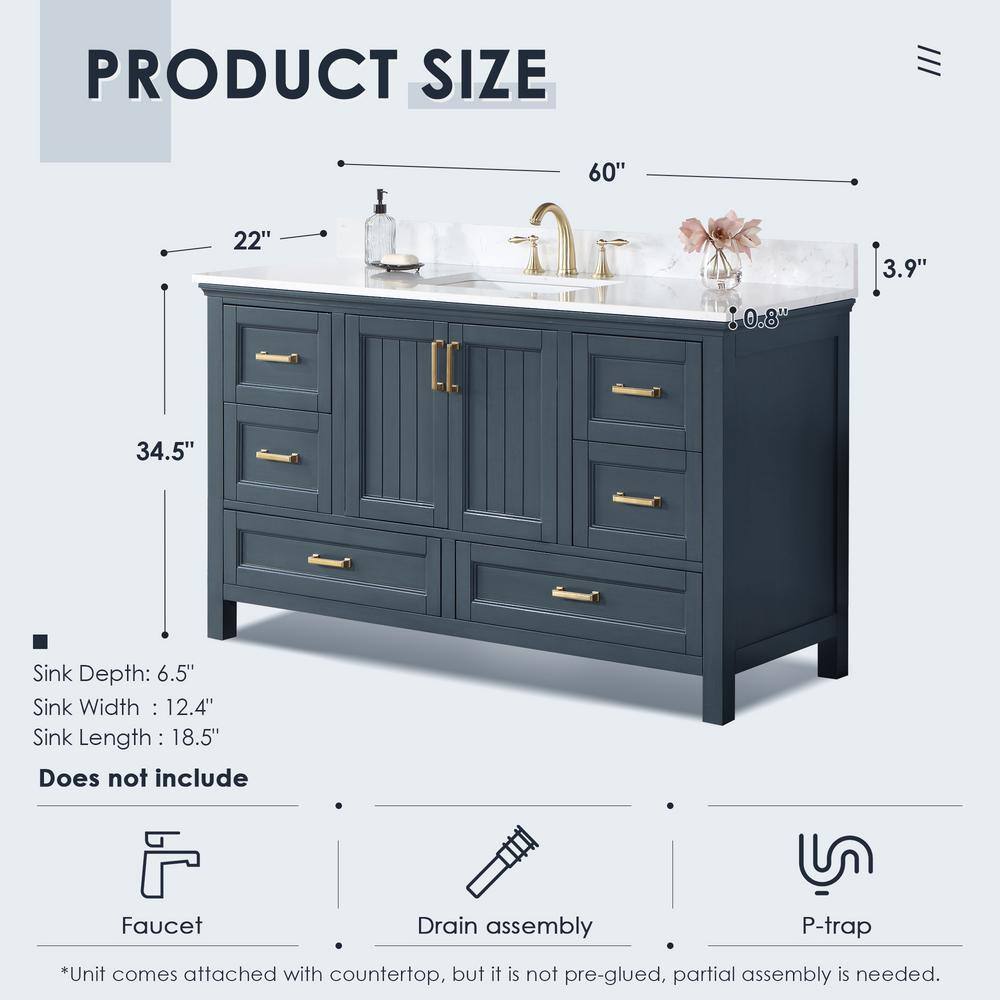 Isla 72" Classic Blue Double Sink Bathroom Vanity with White Stone Top
