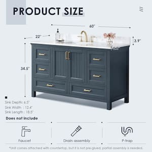 Isla 72 in. W x 22 in. D x 34.5 in. H Double Sink Bath Vanity in Classic Blue with Composite Stone Top in White