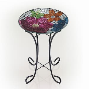 24 in. Tall Outdoor Floral Glass Birdbath Bowl with Metal Stand, Multicolor