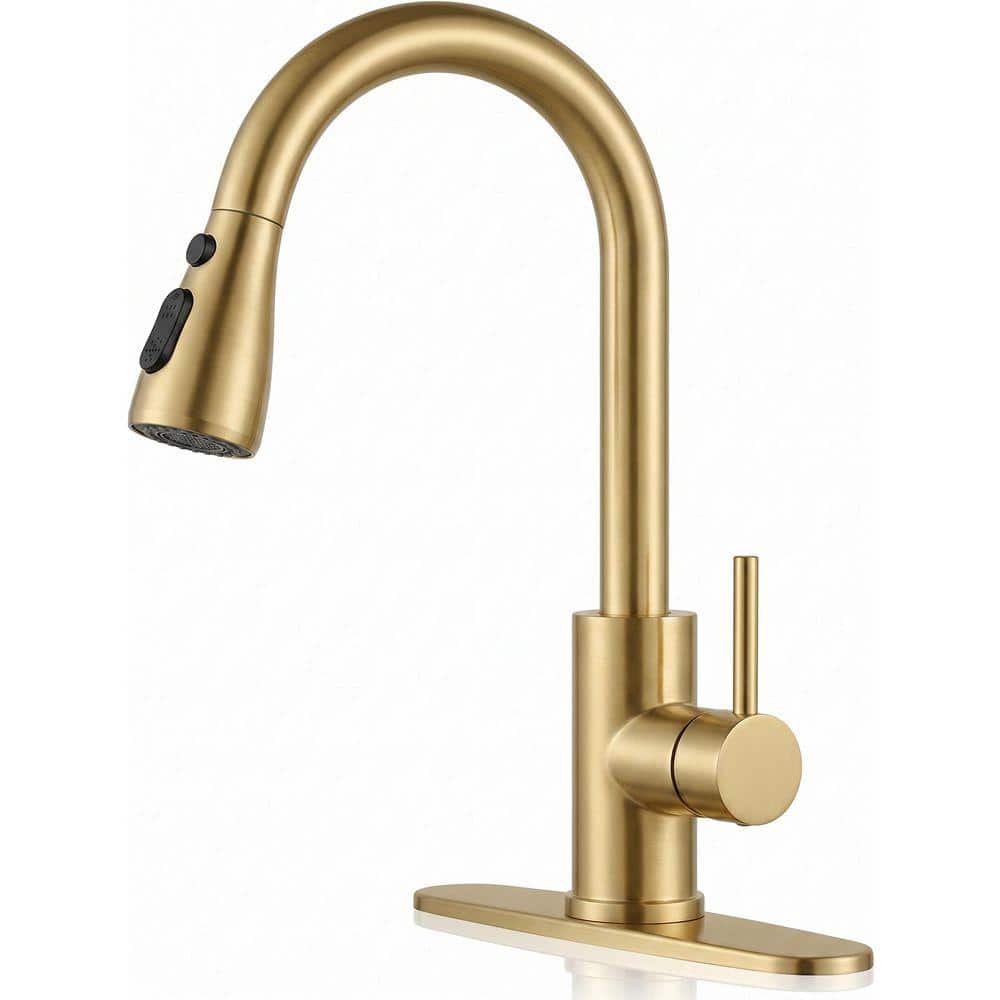 MTTCLE Brushed Gold 14 in. H Pull Down Sprayer Kitchen Faucet with